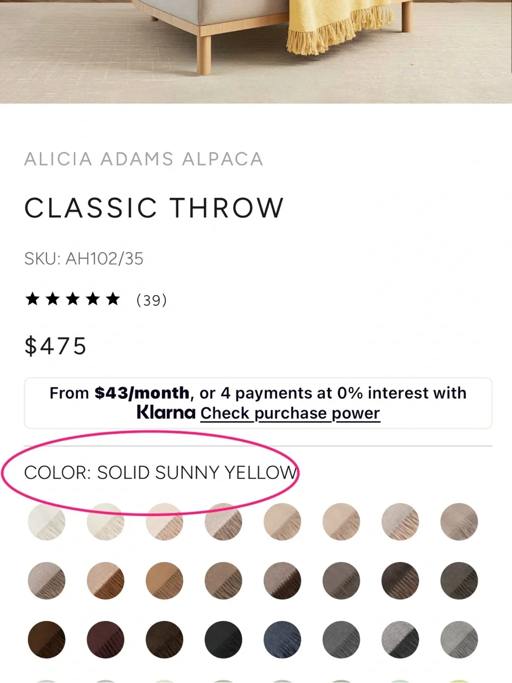 ALICIA ADAMS ALPACA Baby Alpaca Classic Throw / Sunny Yellow/ NWT